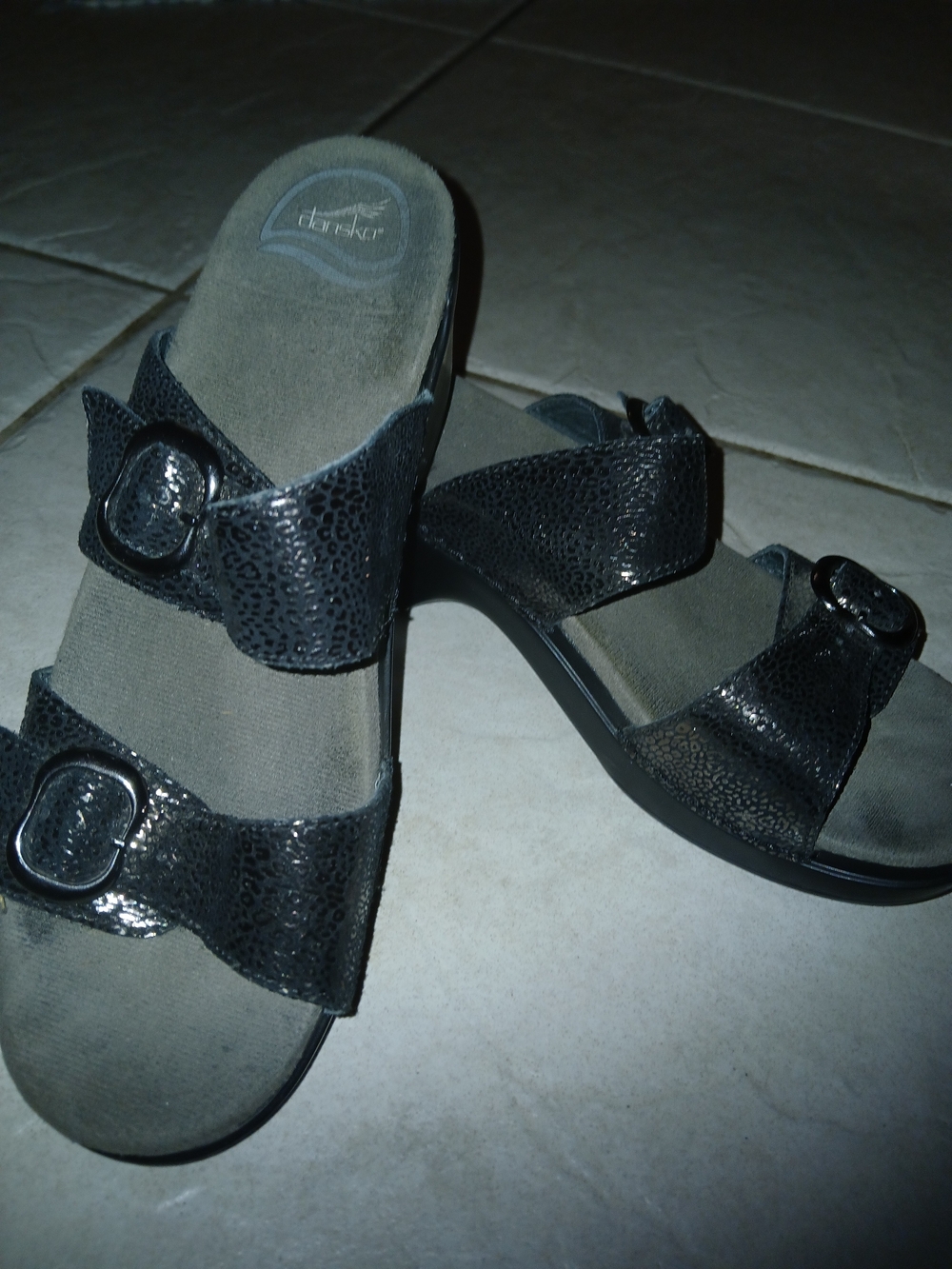 Dansko Black Shimmery Two-Band Slide Sandals